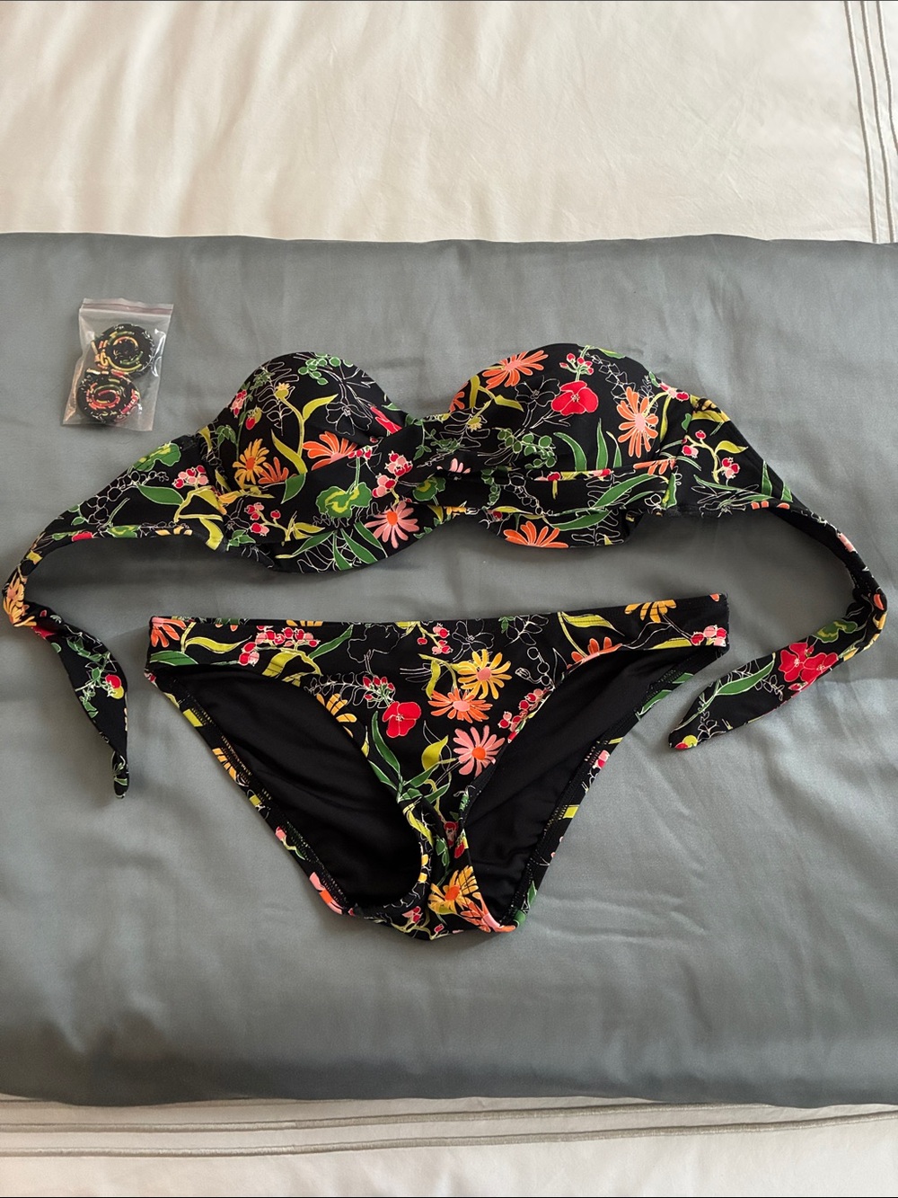 kate spade Black Floral Bandeau Bikini with Tie Straps